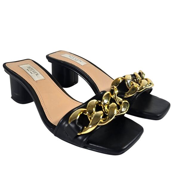 L Steven New York Leona Black Gold Chain Low Heel Mules Size 6 Square Toe Block - Picture 1 of 9
